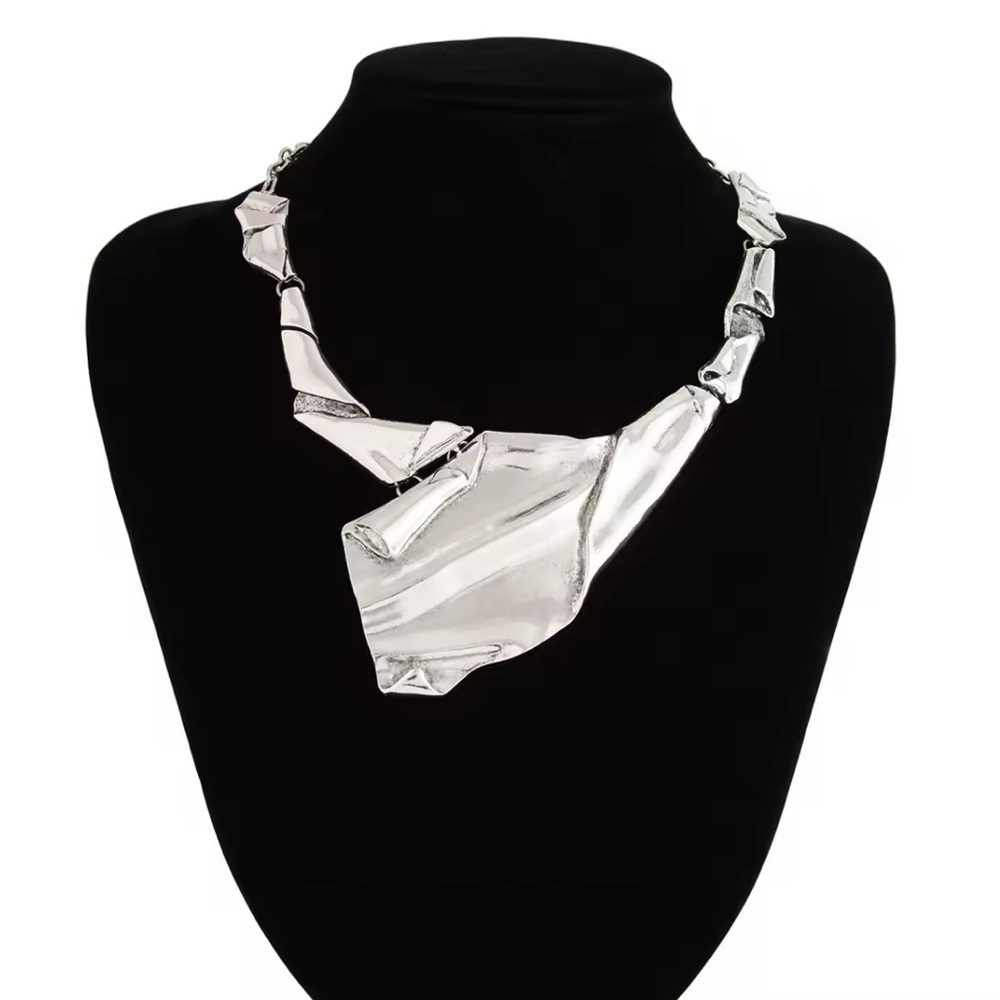 NEW Brut Molten Crumpled Metal Collar Necklace Panel Statement Silver JL08 AU